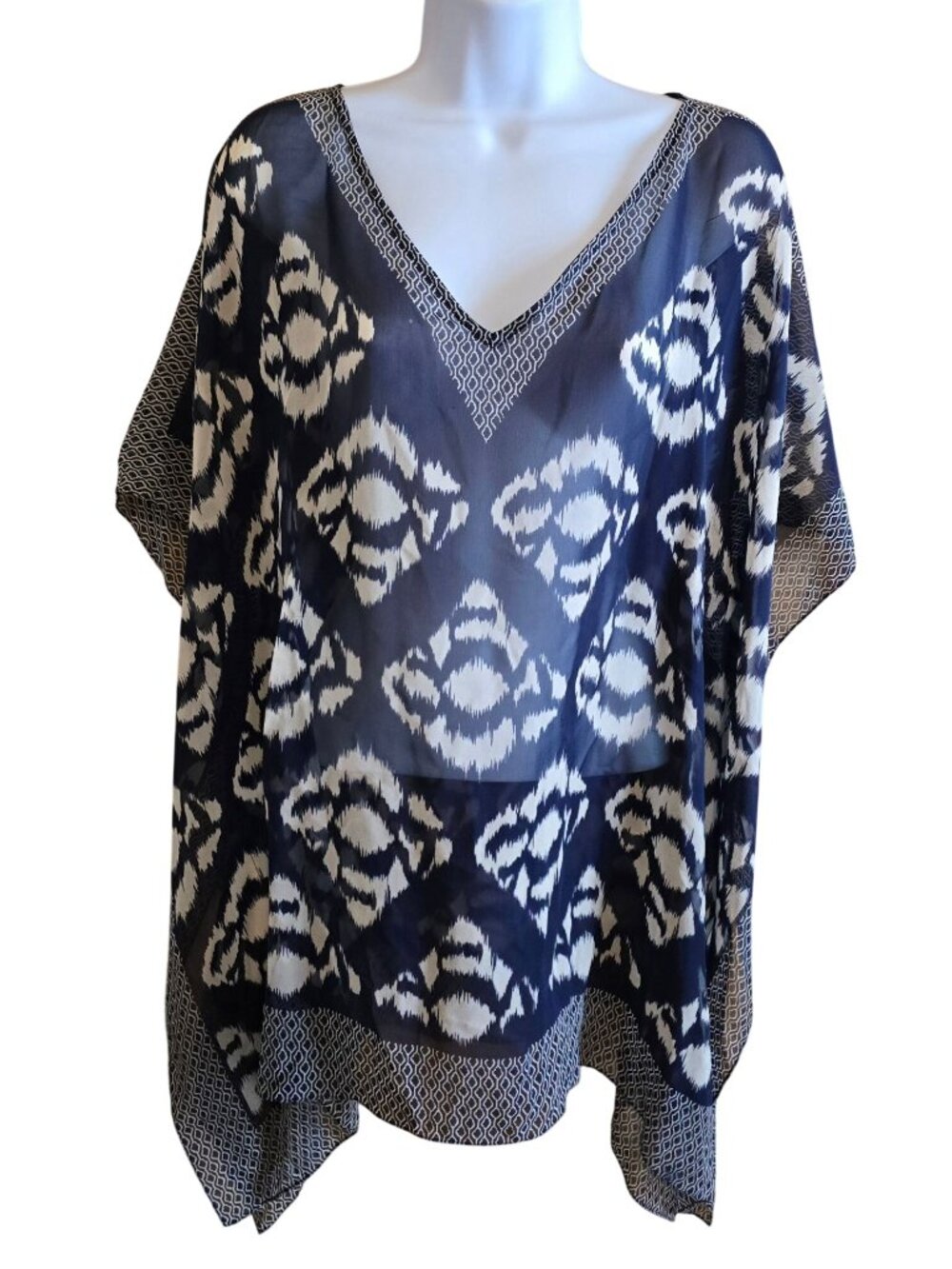 Geometric Ikat Navy Blue V-Neck Sheer Poncho Top sheer cover up beach pool